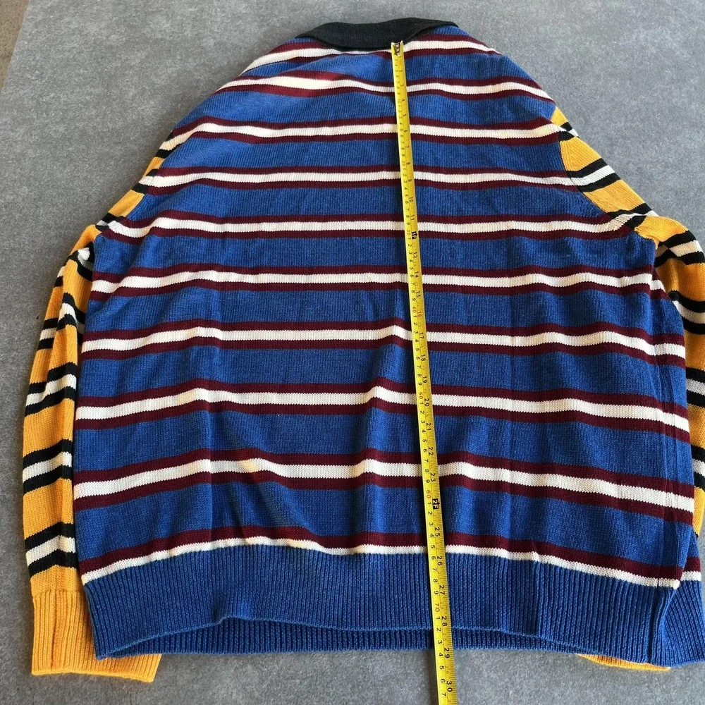 HOMME + FEMME Sweater Mens 2XL‎ Blue Yellow Striped Polo Collar Knit Logo Patch